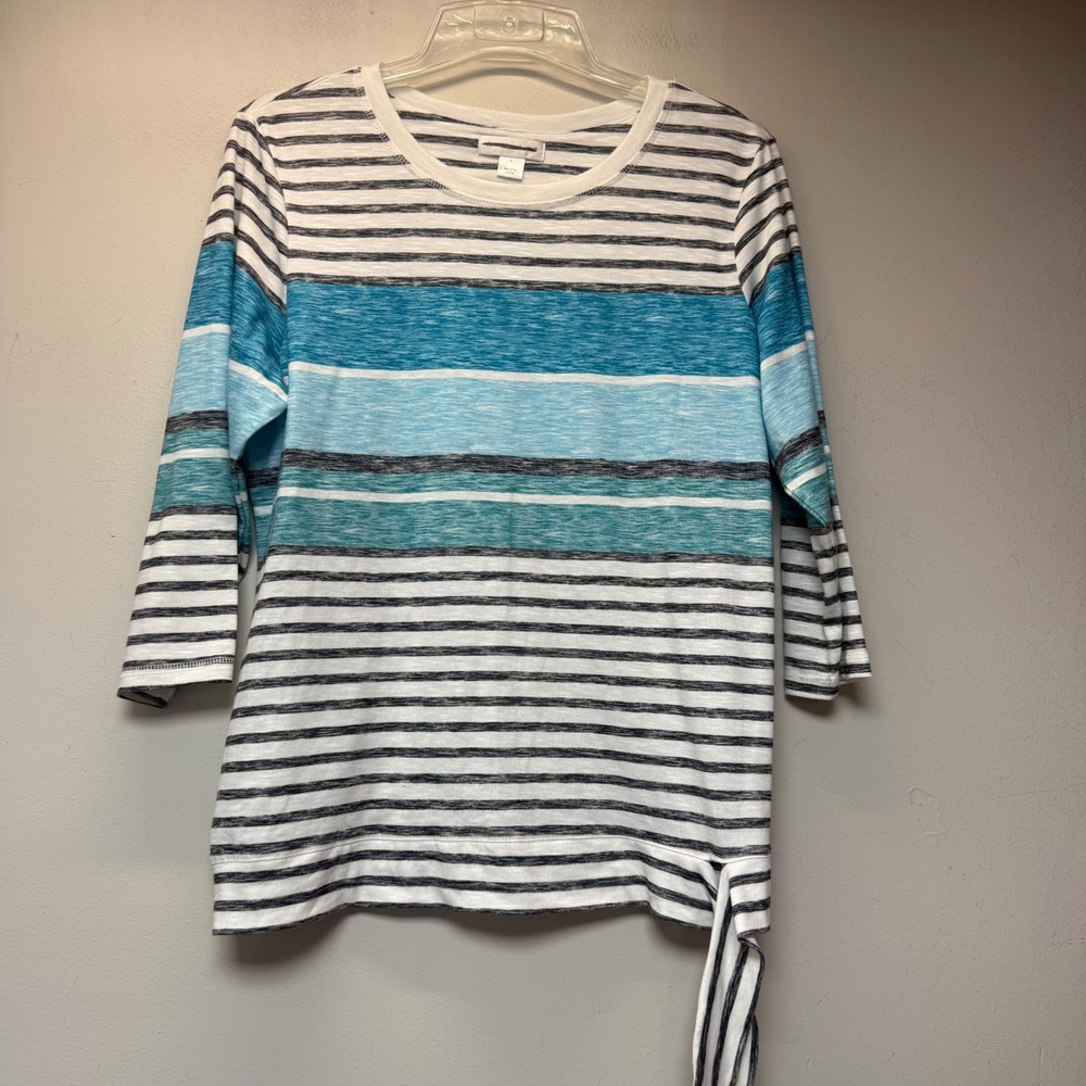 Christopher & Banks Top Women L Blue White Striped Excellent Side Tie 3/4 Sleeve